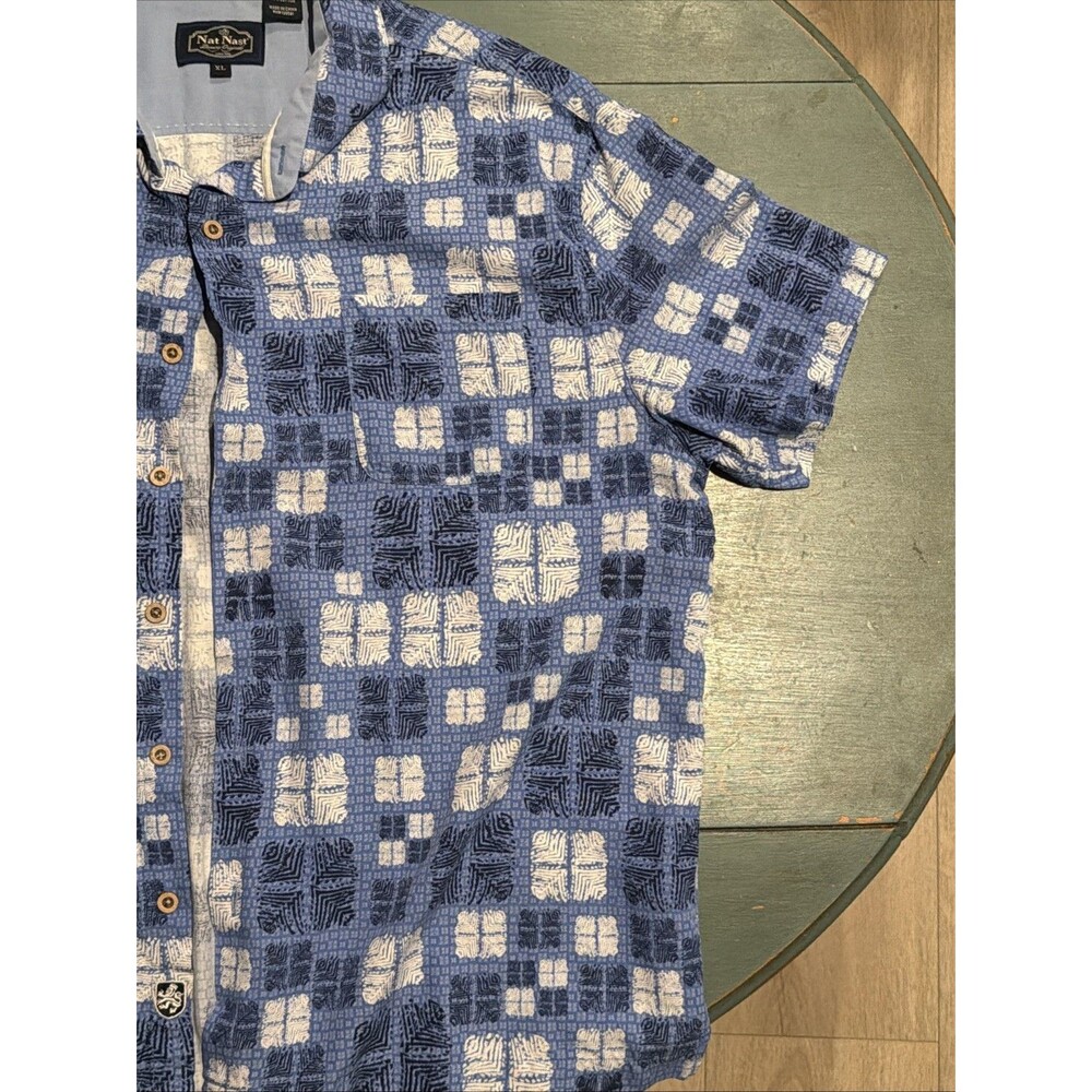 Nat Nast Luxury Originals Blue Geometric Silk Cotton XL Button Down Shirt - Picture 3 of 11